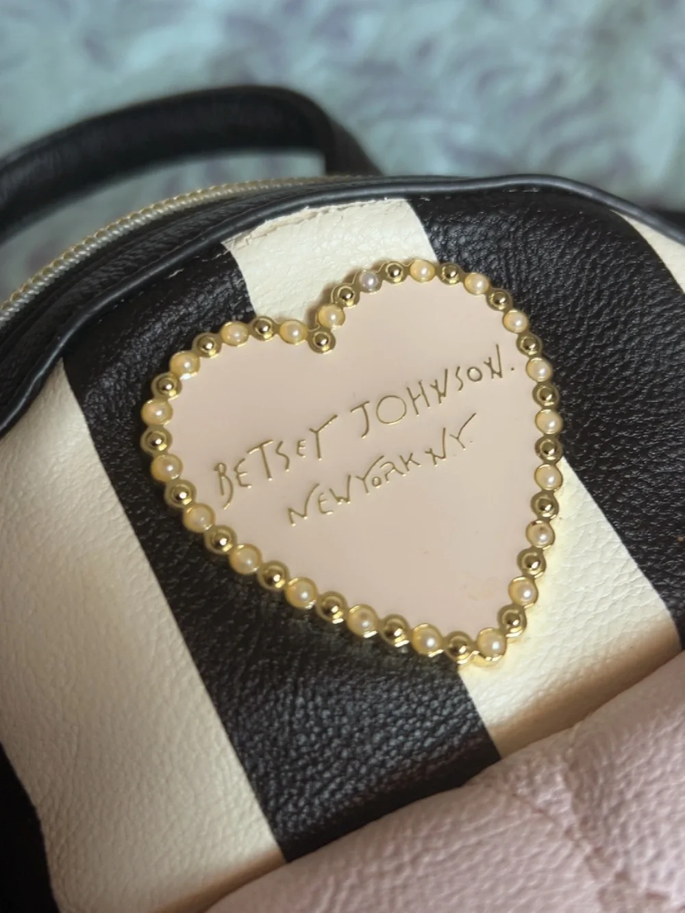 Betsey Johnson Black Cream & Pastel Pink Striped Mini Backpack (Convertible)